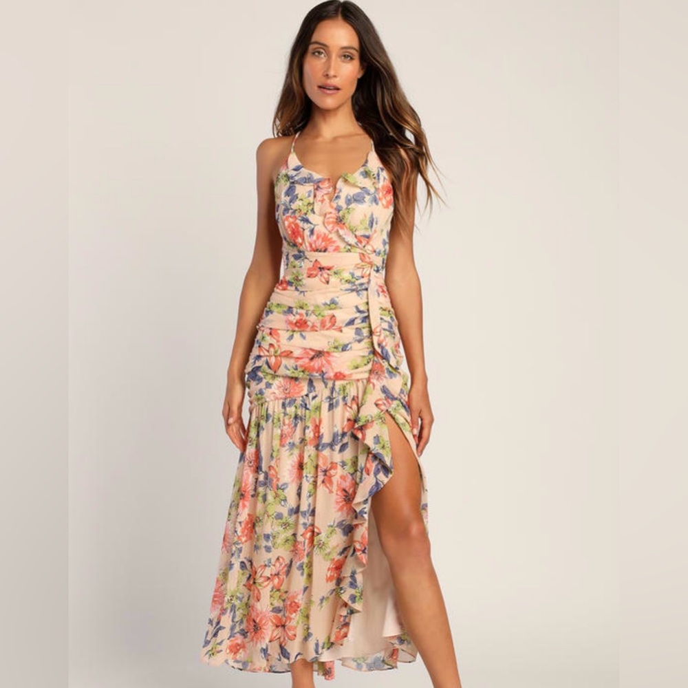 Blush Pink floral print ruched midi dress